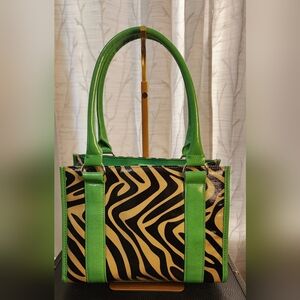 Vintage Green Tan & Black Zebra Print Tote Handbag